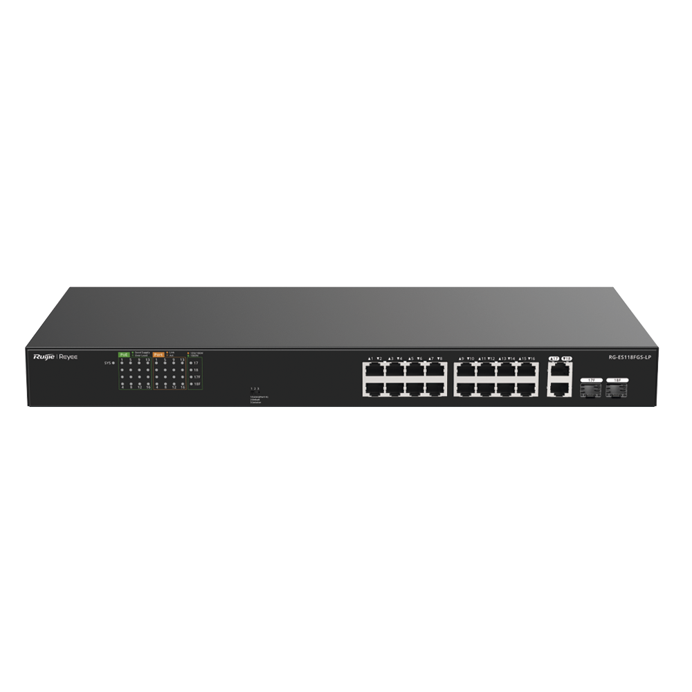 Switch PoE no administrable de 16 puertos 10/100 Mbps con 2 puertos Gigabit, visible en Ruijie Cloud, con un diseño de alta calidad y un presupuesto de PoE de 120 W