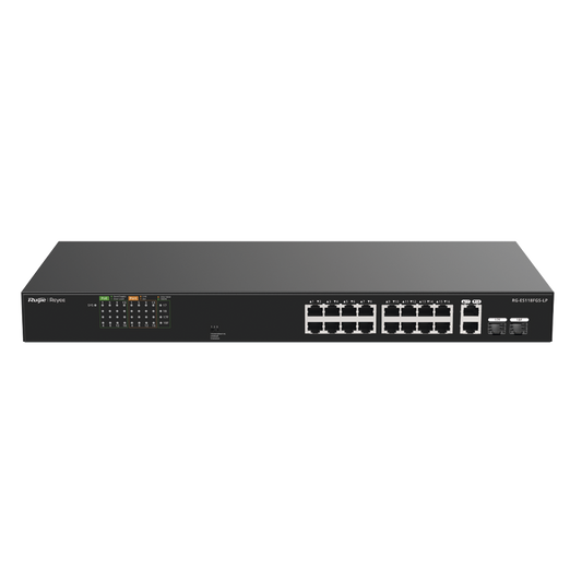 Switch PoE no administrable de 16 puertos 10/100 Mbps con 2 puertos Gigabit, visible en Ruijie Cloud, con un diseño de alta calidad y un presupuesto de PoE de 120 W