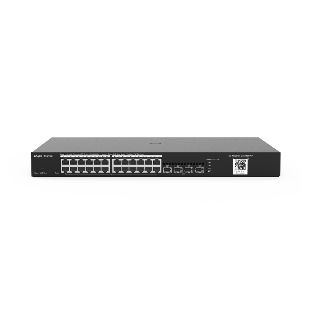 RG-NBS3100-24GT4SFP-P, Switch PoE Gestionable en la Nube de Capa 2 Gigabit de 28 Puertos, 24 Puertos Gigabit PoE+, 4 SFP, 370W