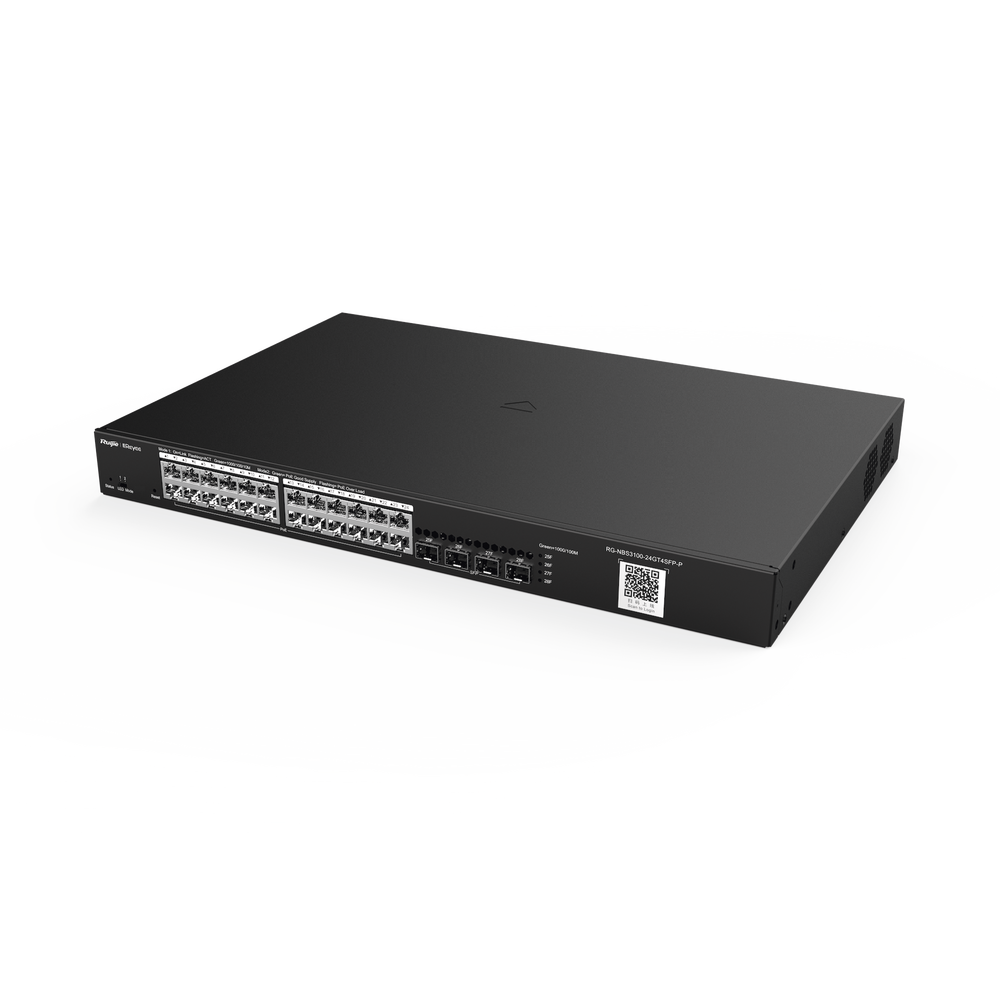 RG-NBS3100-24GT4SFP-P, Switch PoE Gestionable en la Nube de Capa 2 Gigabit de 28 Puertos, 24 Puertos Gigabit PoE+, 4 SFP, 370W