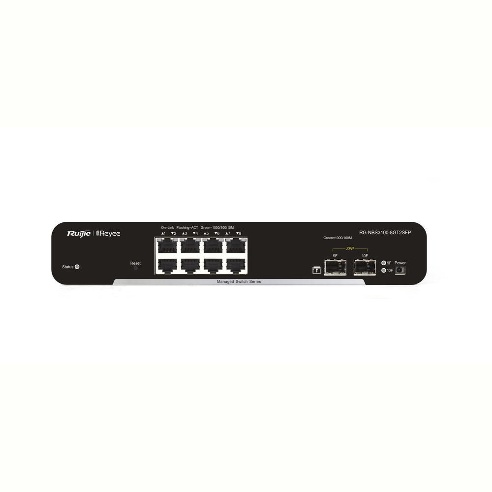 RG-NBS3100-8GT2SFP-P, Switch PoE Administrable en la Nube de Capa 2, 8 Puertos Gigabit PoE+ y 2 Puertos SFP, 125W