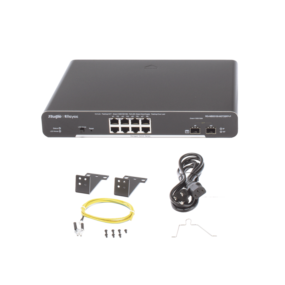 RG-NBS3100-8GT2SFP-P, Switch PoE Administrable en la Nube de Capa 2, 8 Puertos Gigabit PoE+ y 2 Puertos SFP, 125W