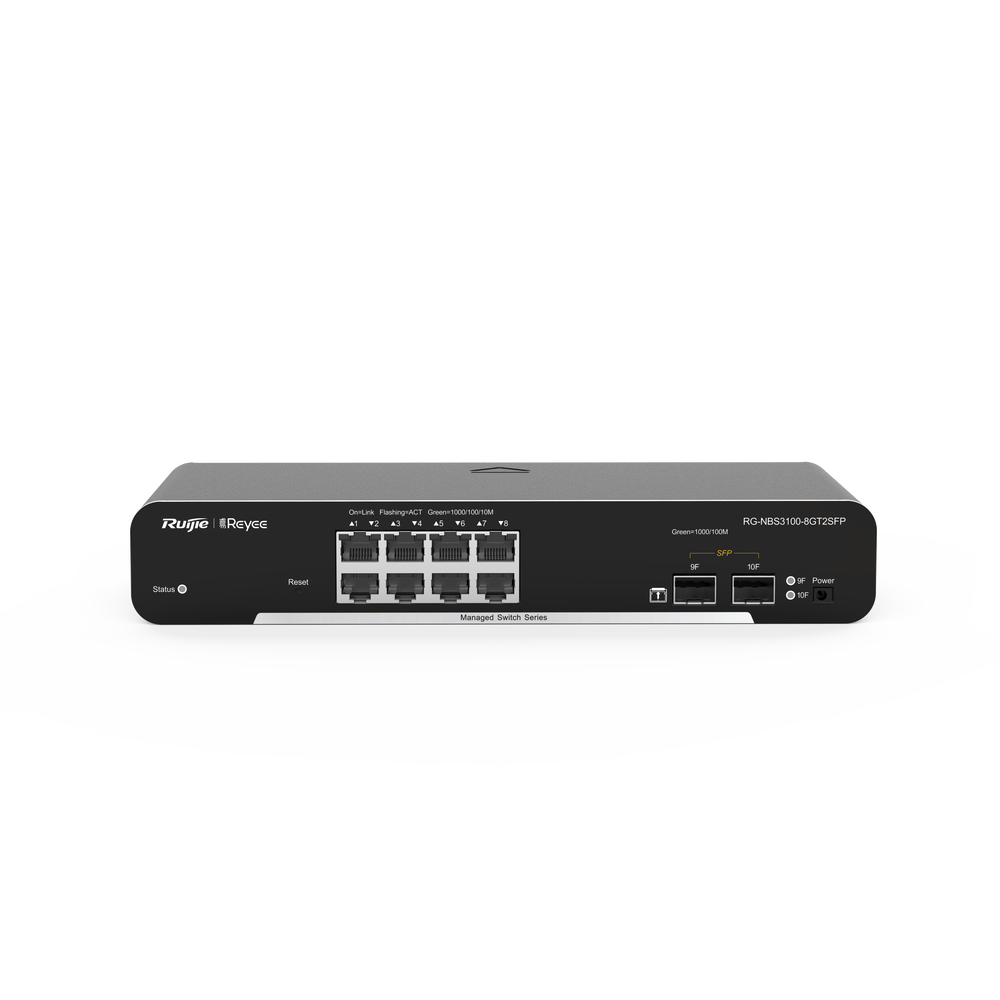RG-NBS3100-8GT2SFP-P, Switch PoE Administrable en la Nube de Capa 2, 8 Puertos Gigabit PoE+ y 2 Puertos SFP, 125W