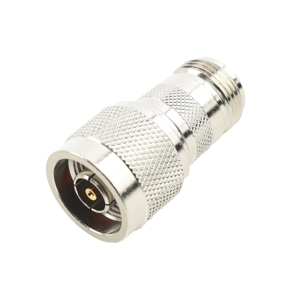 Inline Adapter, Reverse N Male to N Female Connector, Nickel/Gold/Teflon.