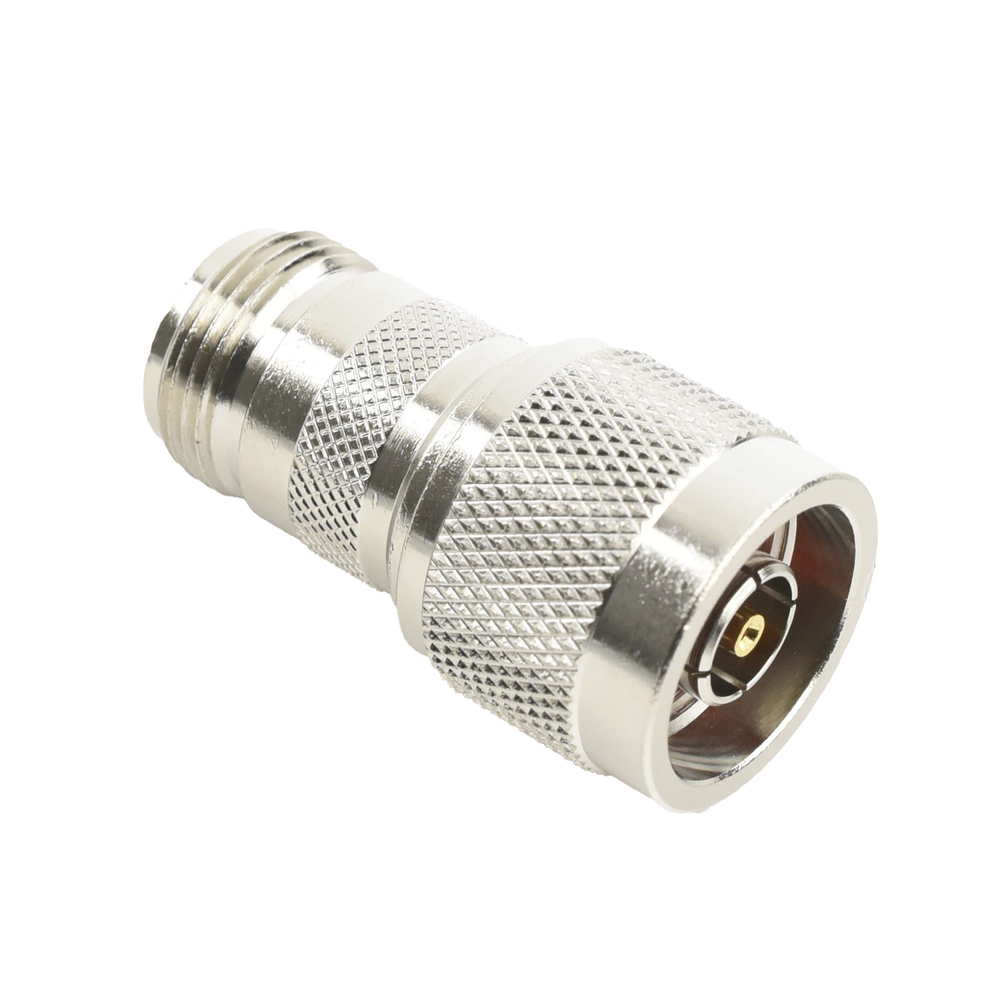 Inline Adapter, Reverse N Male to N Female Connector, Nickel/Gold/Teflon.