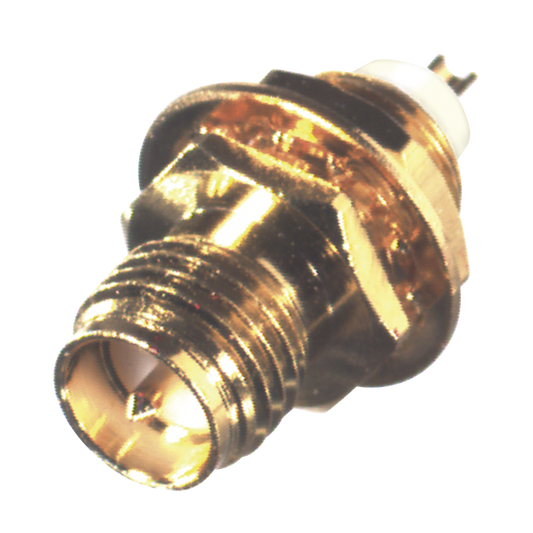 Conector SMA Hembra Inverso de Montaje Frontal en Panel, D-Plano, Soldable, Oro/ Oro/ Teflón. 