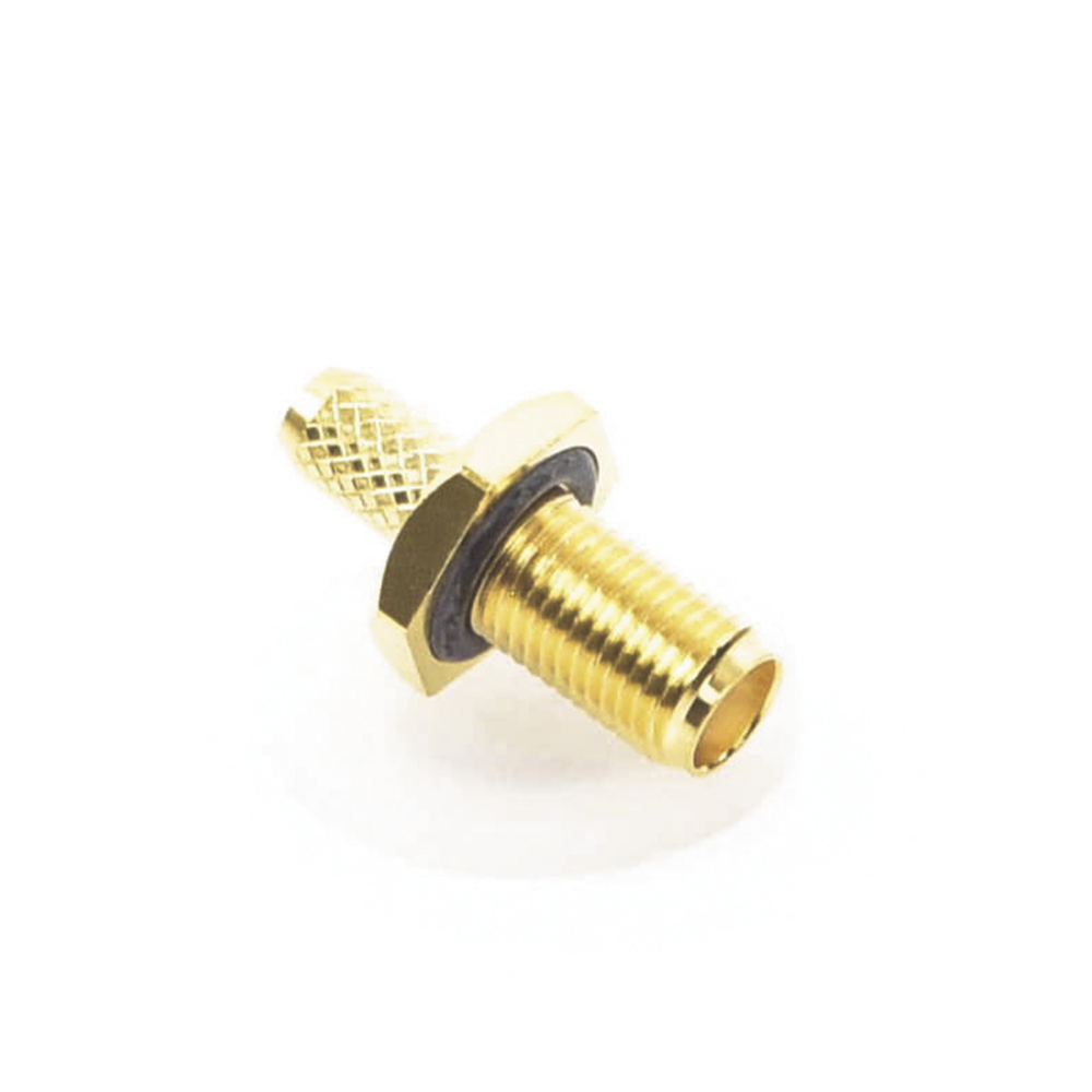Flat D-Chassis Reverse SMA Female Connector, Folding Ring for RG-142/U Cable, Gold/Gold/Teflon.
