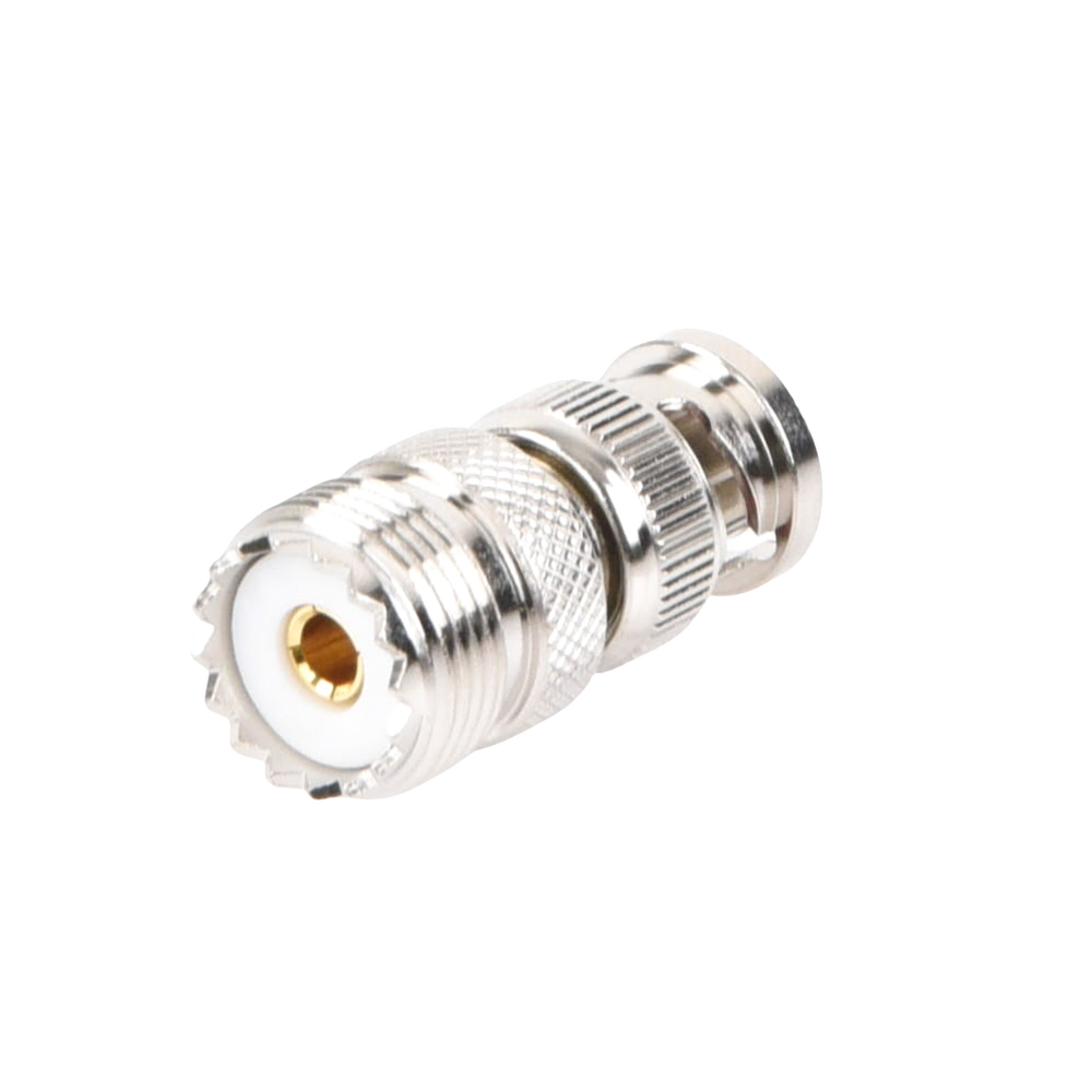 Adaptador en Línea, de Conector QMA (Quick Mate) Macho a Mini-UHF Hembra, Bronce Blanco/ Oro/ Teflón.