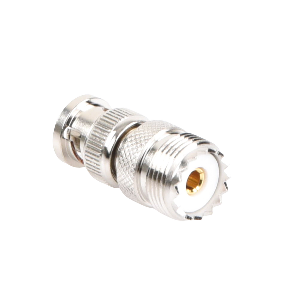 Inline Adapter, QMA (Quick Mate) Male to Mini-UHF Female Connector, White Bronze/Gold/Teflon.