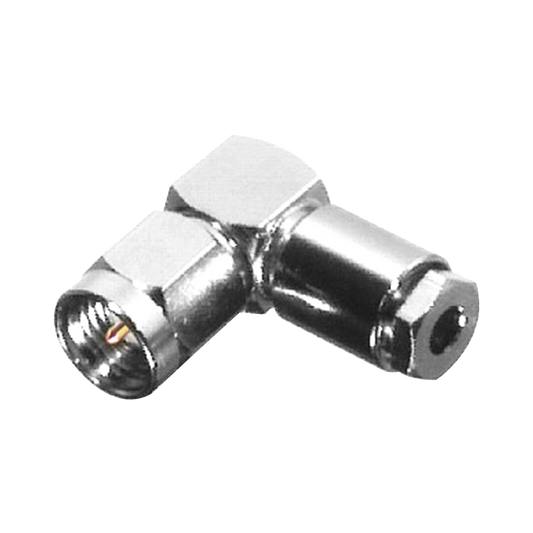 Conector SMA Macho en Ángulo Recto, de Rosca para RG-174/U, Grupo B, Níquel/ Oro/ Teflón.â€‹