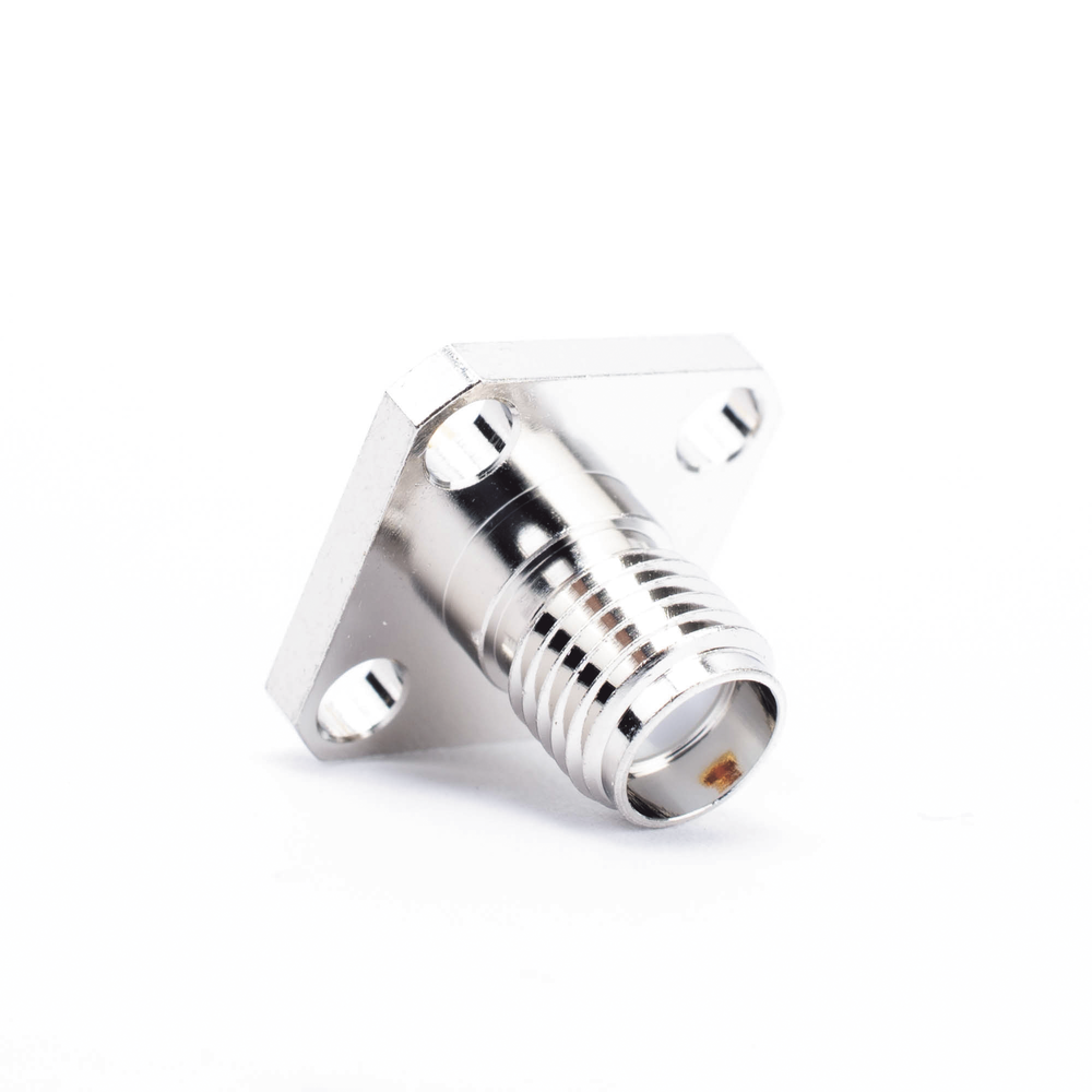 SMA Female Connector, Square Panel Mount, 4 Holes, Solderable, Nickel/Gold/Teflon.
