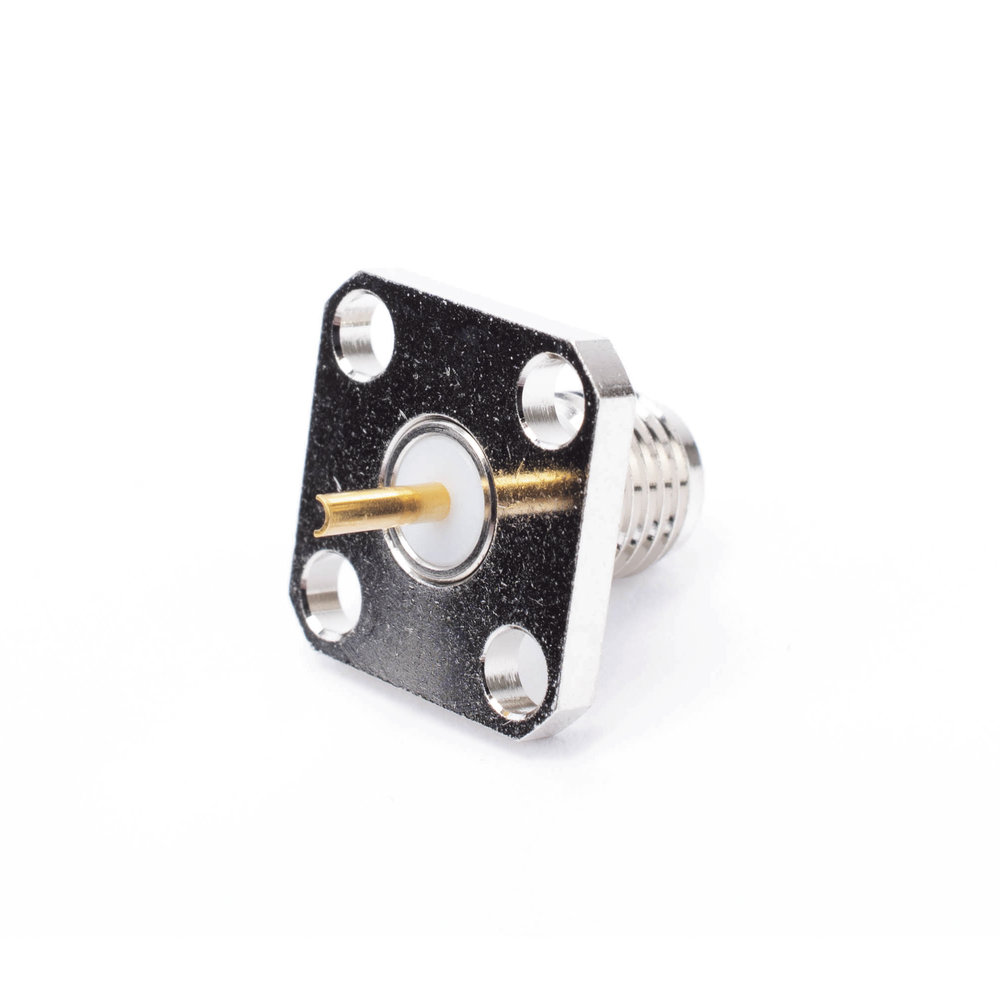 SMA Female Connector, Square Panel Mount, 4 Holes, Solderable, Nickel/Gold/Teflon.