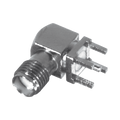 Conector SMA Hembra en Ángulo Recto con Terminal y 4 Patas para Montaje PCB, Níquel/ Oro/ Teflón.â€‹
