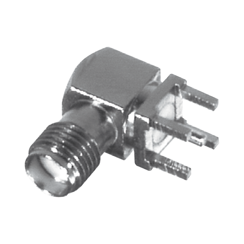 Conector SMA Hembra en Ángulo Recto con Terminal y 4 Patas para Montaje PCB, Níquel/ Oro/ Teflón.â€‹