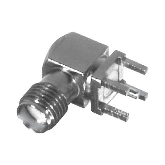 Conector SMA Hembra en Ángulo Recto con Terminal y 4 Patas para Montaje PCB, Níquel/ Oro/ Teflón.â€‹