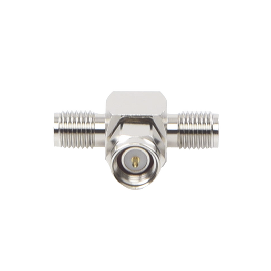 Adaptador en T, de Conector SMA Macho a Doble SMA Hembras, Níquel/ Oro/ Teflón.