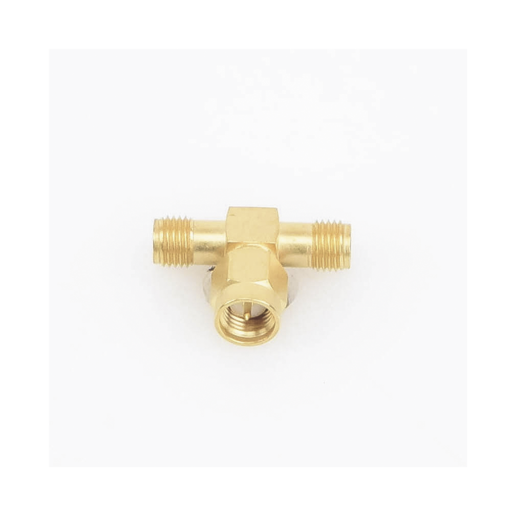 Adaptador en T, de Conector SMA Macho a Doble SMA Hembras, Oro/ Oro/ Teflón.