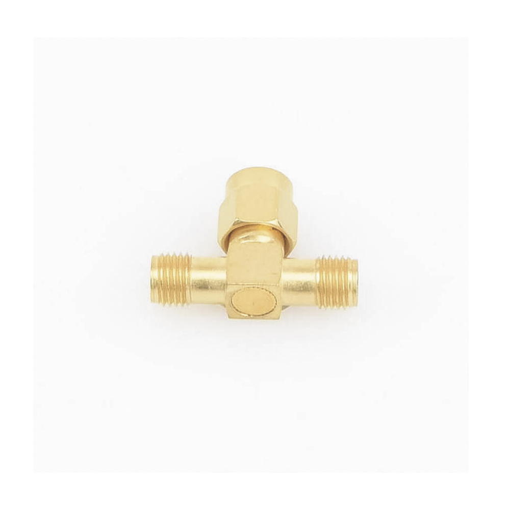 Adaptador en T, de Conector SMA Macho a Doble SMA Hembras, Oro/ Oro/ Teflón.