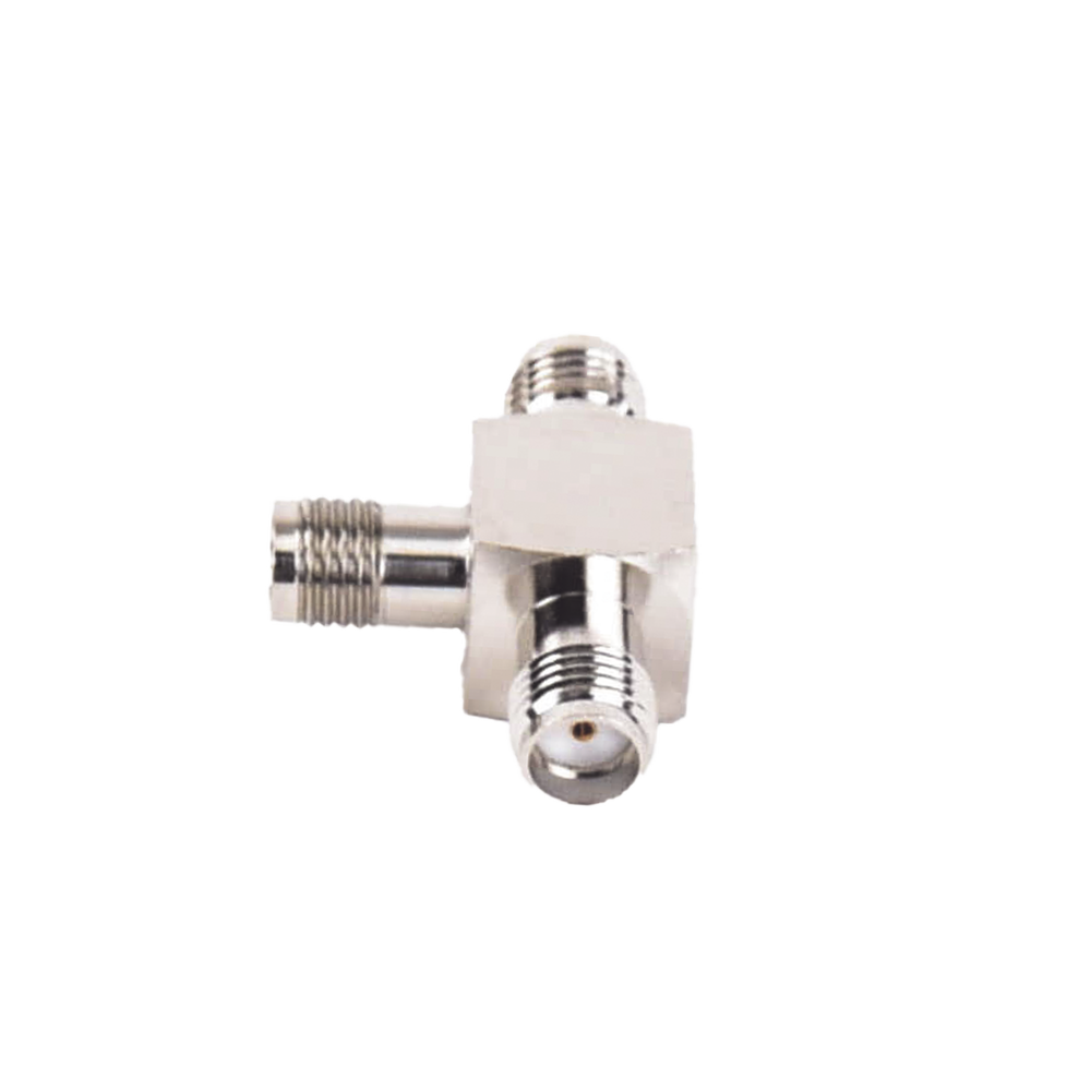 T-Shaped Adapter, Triple SMA Female Connectors, Nickel/Gold/Teflon.