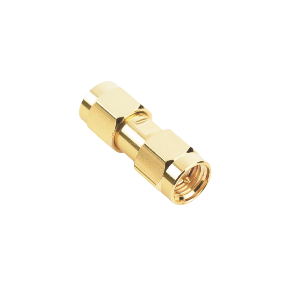 Adaptador Tipo Barril, de Conector SMA Macho a SMA Macho, Oro/ Oro/ Teflón.â€‹