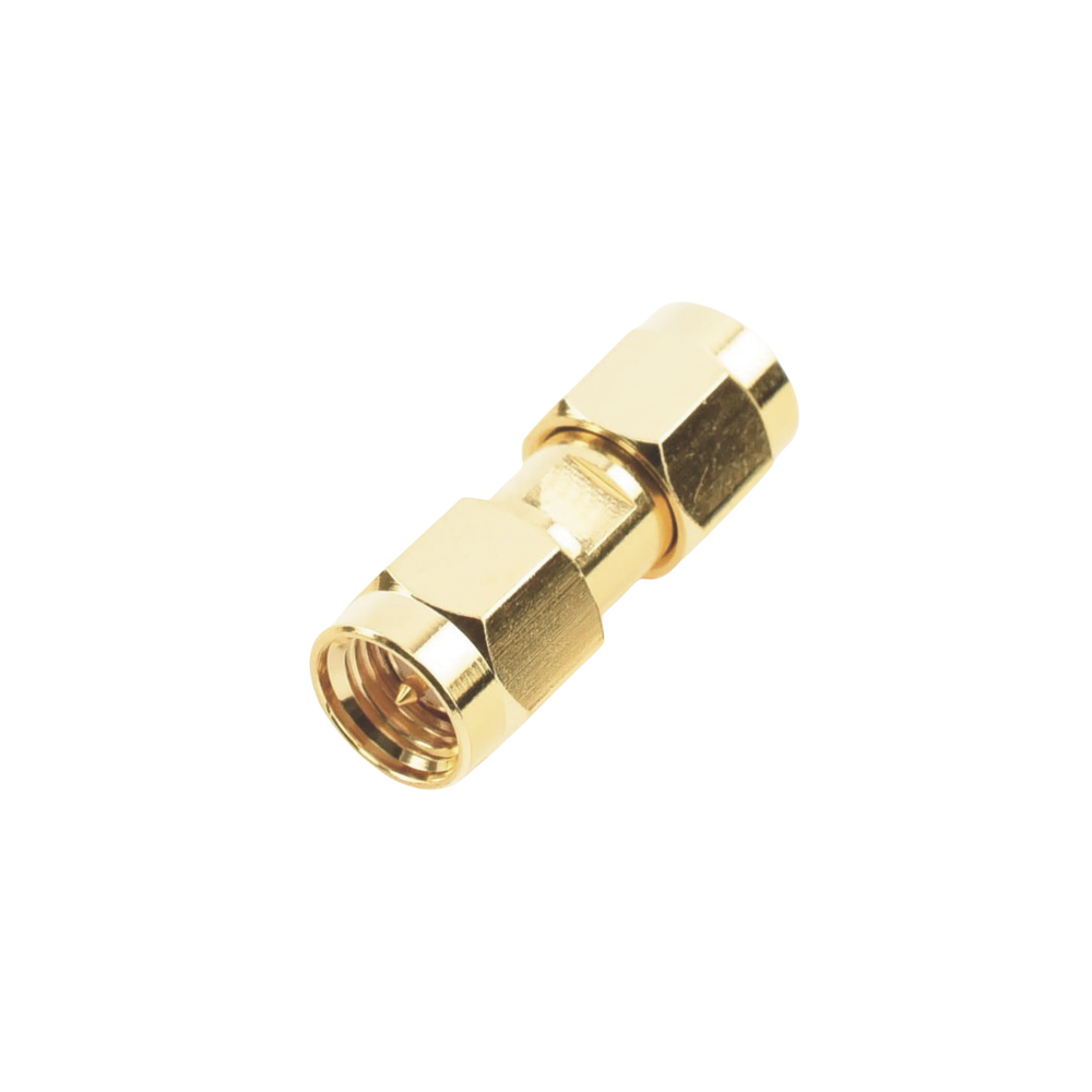 Adaptador Tipo Barril, de Conector SMA Macho a SMA Macho, Oro/ Oro/ Teflón.â€‹