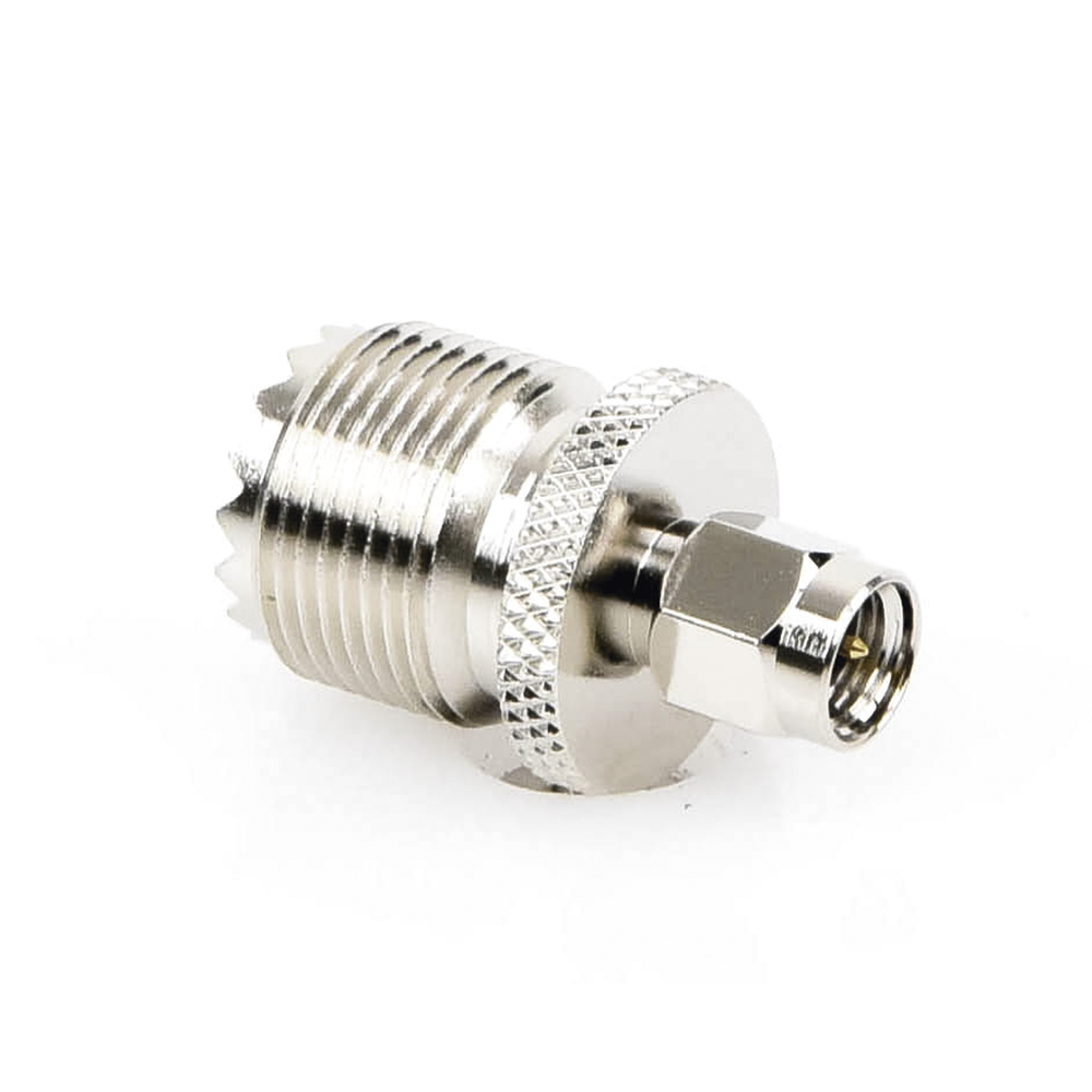 Inline Adapter, SMA Male to UHF Female (SO-239) Connector, Nickel/Gold/Teflon.