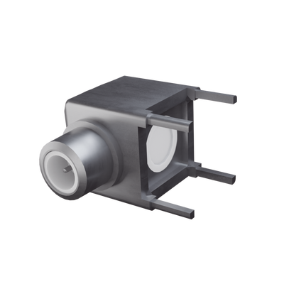 Conector SMB Hembra (PIN Macho) en Ángulo Recto de Montaje para PCB, 75 Ohm, Oro/ Oro/ Teflón.