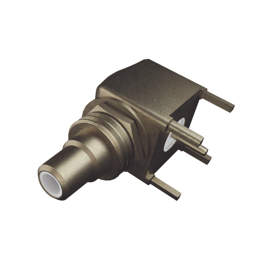 Conector SMB Hembra (PIN Macho) en Ángulo Recto para Montaje en PCB, 4 Patas, Oro/ Oro/ Teflón.â€‹