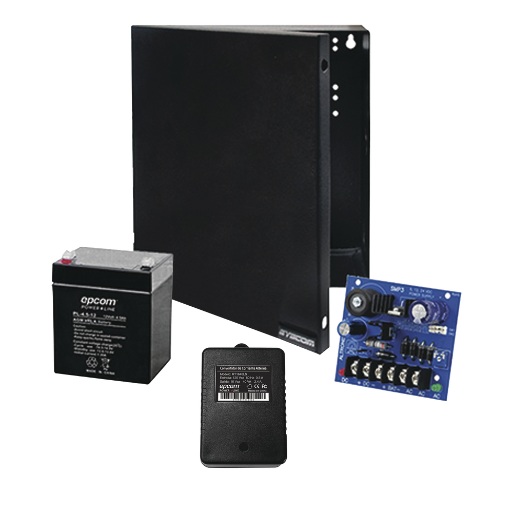 Kit con fuente ALTRONIX con salida de 12 Vcd a 2.5 Amper, incluye transformador y batería de 4.5 Amper 