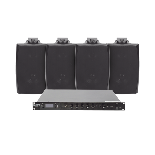 KIT de Amplificador de Audio 120W para Rack | 4 Altavoces de Pared color Negro 2.5W - 20W | Sistema 70/100V