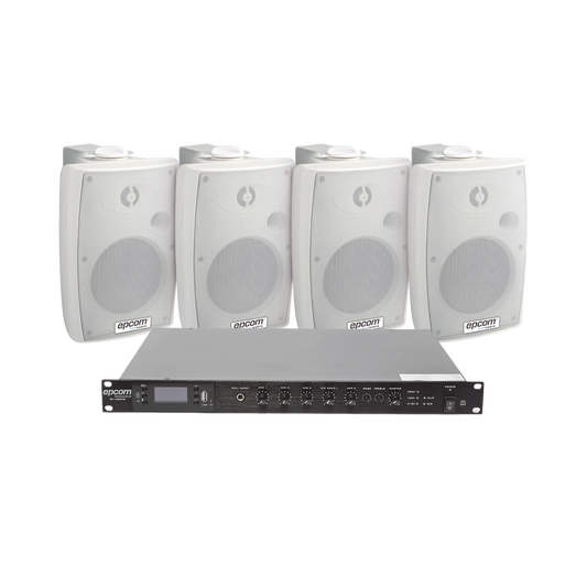 KIT de Amplificador de Audio 120W para Rack | 4 Altavoces de Pared color Blanco 2.5W - 20W | Sistema 70/100V