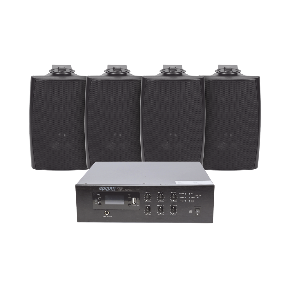 KIT de Amplificador de 120W para Escritorio | 4 Altavoces de Pared color Negro 2.5W - 20W | Sistema 70/100V