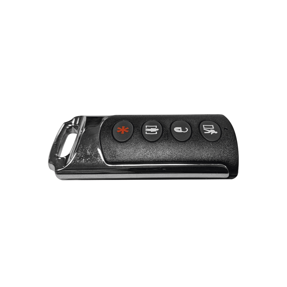 Heavy-duty 4-button remote key fob ideal for arming/arming/disarming/panic. Battery life up to 5 years.