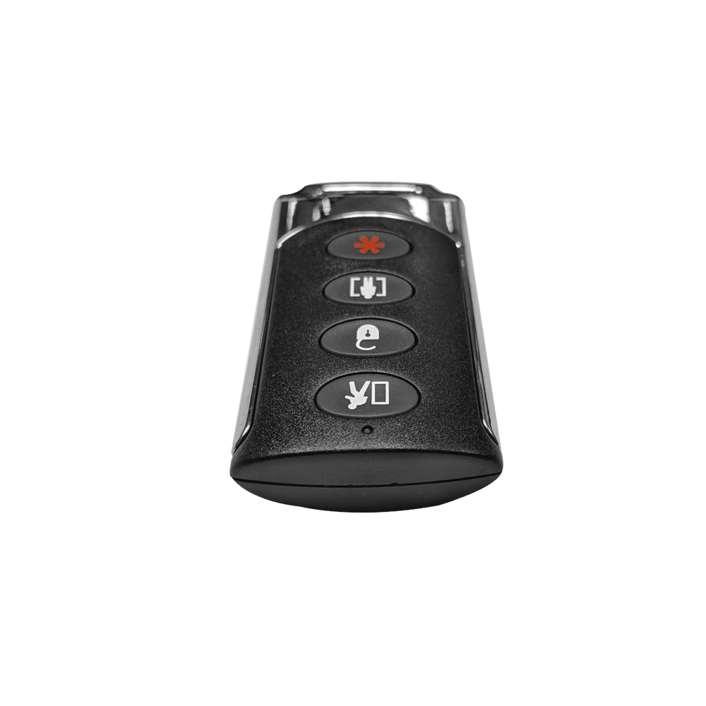 Heavy-duty 4-button remote key fob ideal for arming/arming/disarming/panic. Battery life up to 5 years.