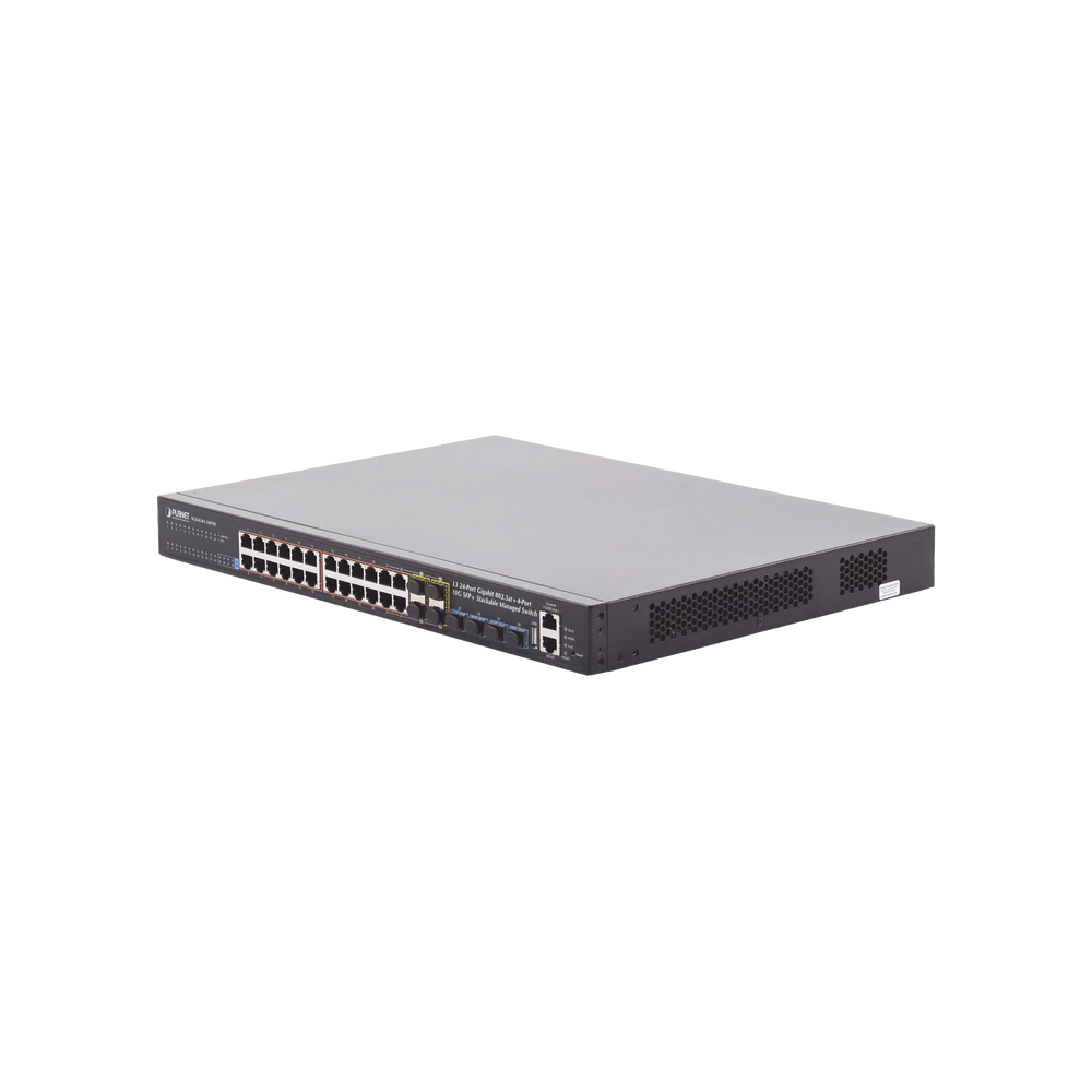 Switch Administrable L3 Stacking 10/100/1000T 24 puertos PoE802.3at, 4 puertos 10G SFP+ 370 W