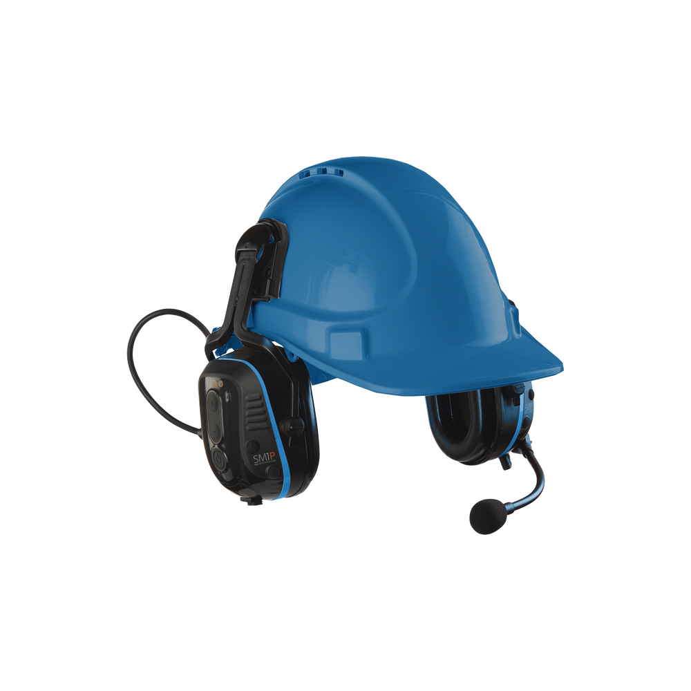 Protector Auditivo con montaje de casco, micrófono de brazo flexible con cancelación de ruido, comunicación cara a cara, alerta del medio ambiente, Bluetooh y comunicación a corto alcance.