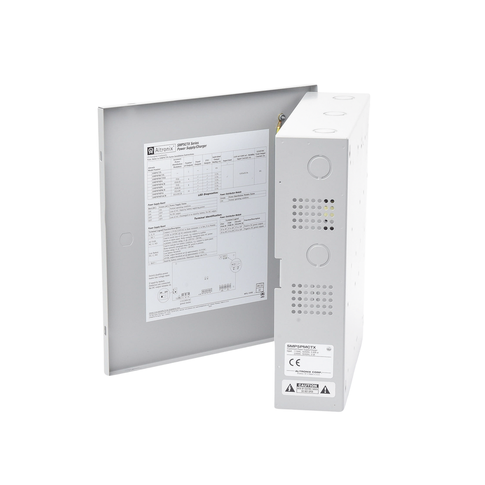 12/24 VDC, 4 A power supply. Ideal for intrusion / Access / CCTV applications / Supervised source / With backup battery capability / Requires batteries