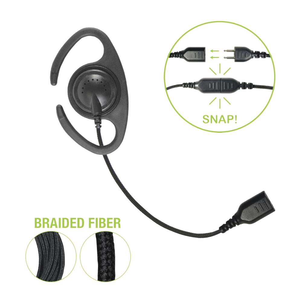 "C"-shaped earhook headset with braided fiber cable and SNAP connector. Requires SNAP Series 1- or 2-wire lavalier microphone.