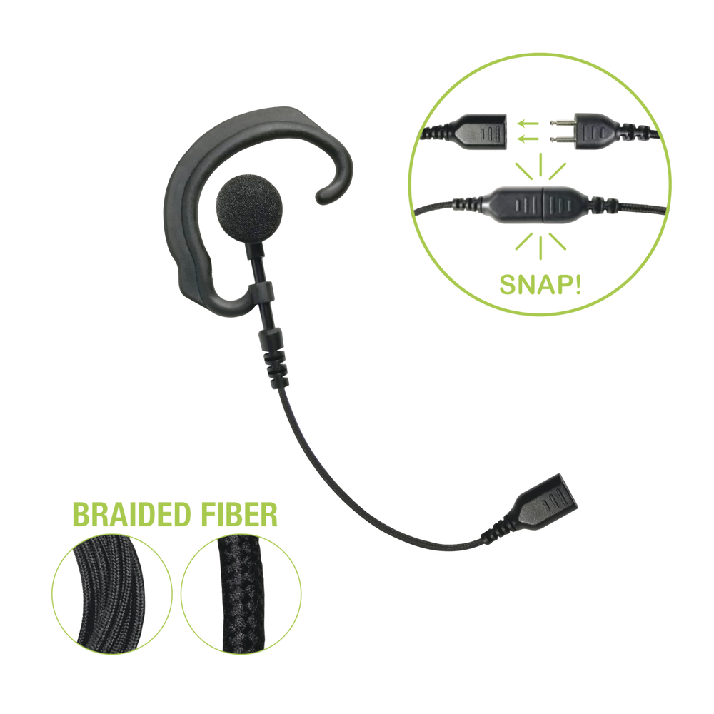 Auricular de gancho para el oído (RESPONDER) con cable de fibra trenzada y conector SNAP. Requiere micrófono de solapa de 1 o 2 hilos de la Serie SNAP.