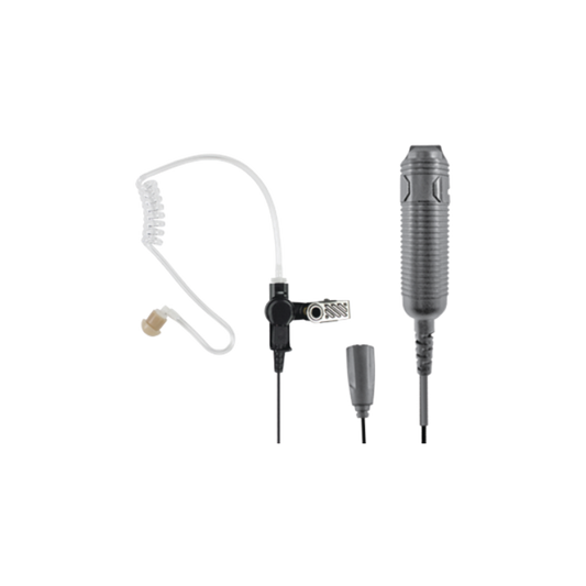 Heavy Duty 3-Wire Surveillance Kit: Features acoustic tube earphone with TWIST CONNECTOR, remote PTT switch and low-profile lapel microphone. Straight cable.