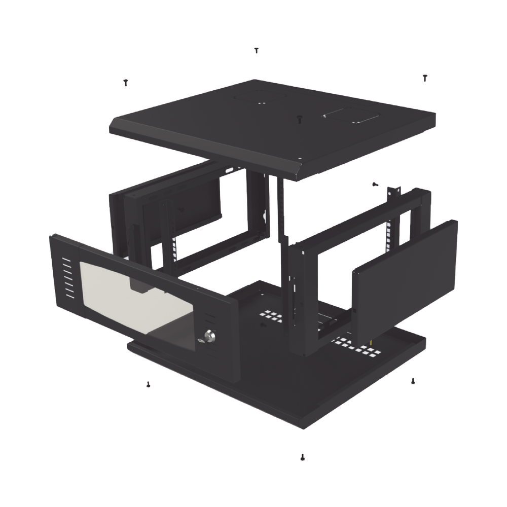 Gabinete de Montaje en Pared, Con Puerta de Cristal, Cuerpo Fijo con Rack, de 19in, 4UR, 535 mm de Profundidad, Color Negro.