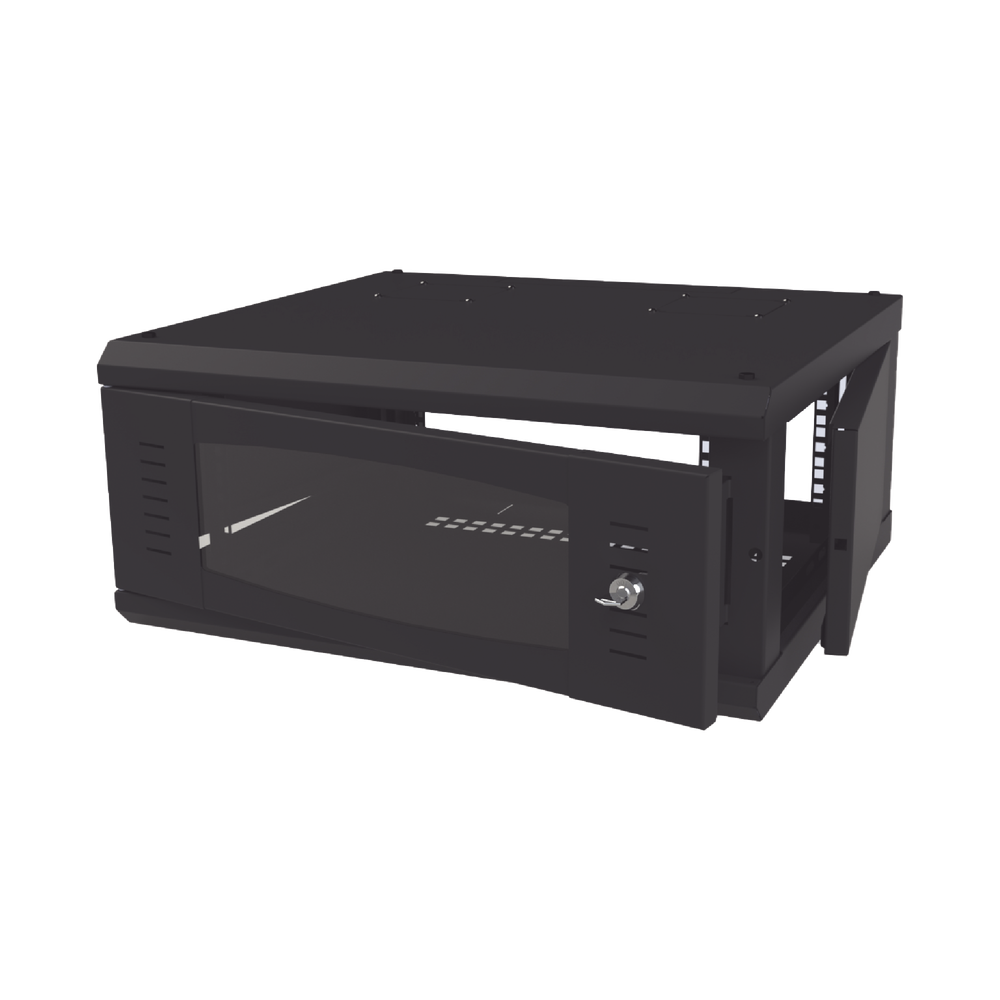 Gabinete de Montaje en Pared, Con Puerta de Cristal, Cuerpo Fijo con Rack, de 19in, 4UR, 535 mm de Profundidad, Color Negro.
