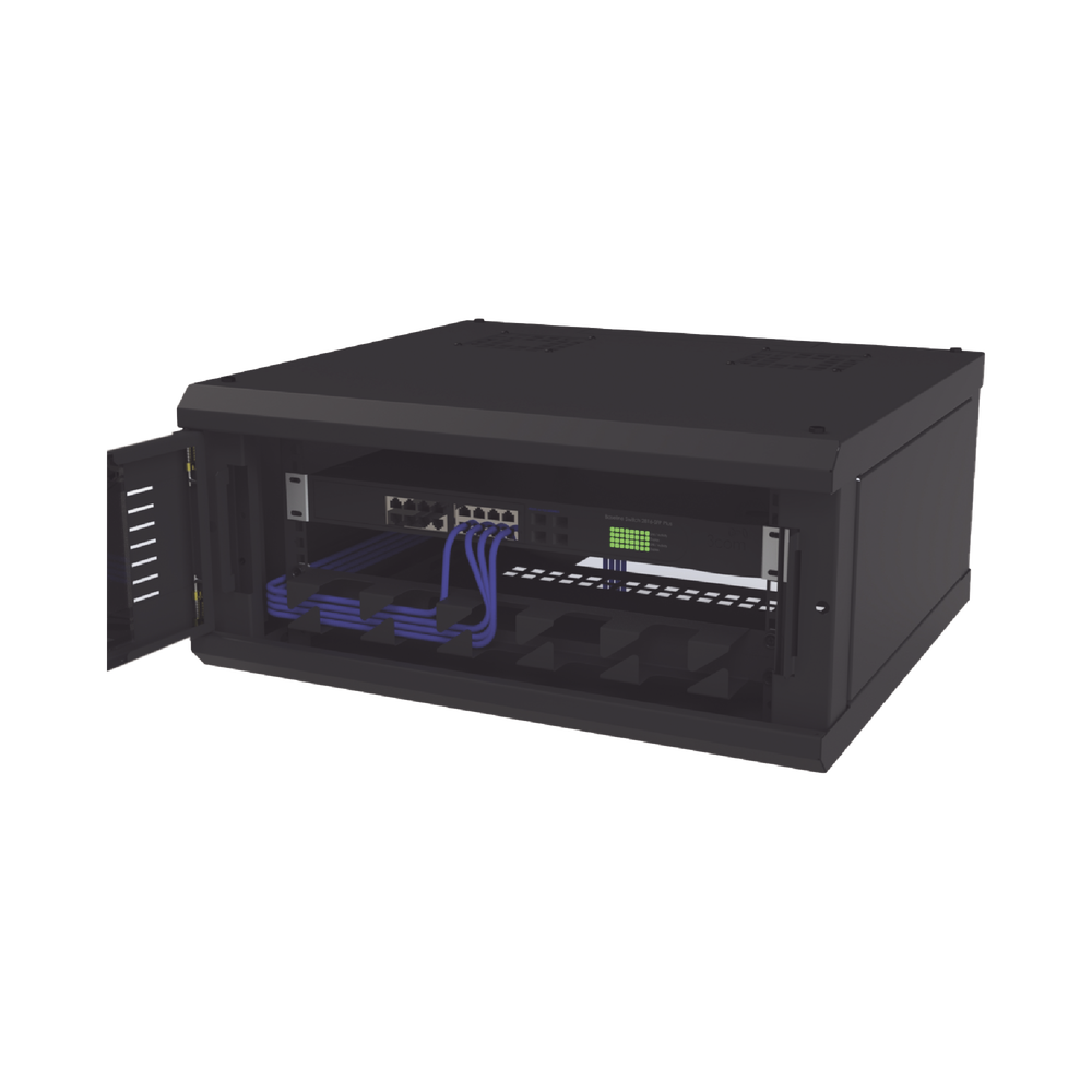 Gabinete de Montaje en Pared, Con Puerta de Cristal, Cuerpo Fijo con Rack, de 19in, 4UR, 535 mm de Profundidad, Color Negro.