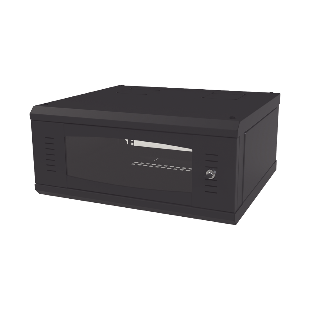 Gabinete de Montaje en Pared, Con Puerta de Cristal, Cuerpo Fijo con Rack, de 19in, 4UR, 535 mm de Profundidad, Color Negro.