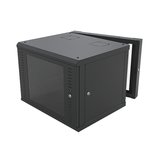 Gabinete Abatible de Pared (Con Marco Trasero) con Rack 19" de 9 Unidades. Ventana de Cristal Templado.