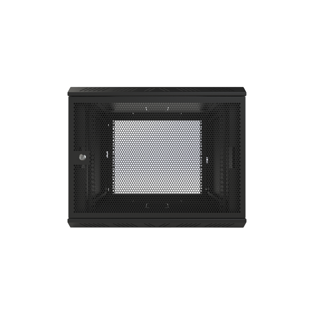 Wall Mount Cabinet with Ventilated Door, Fixed Body, and 9-Unit 19" Rack.