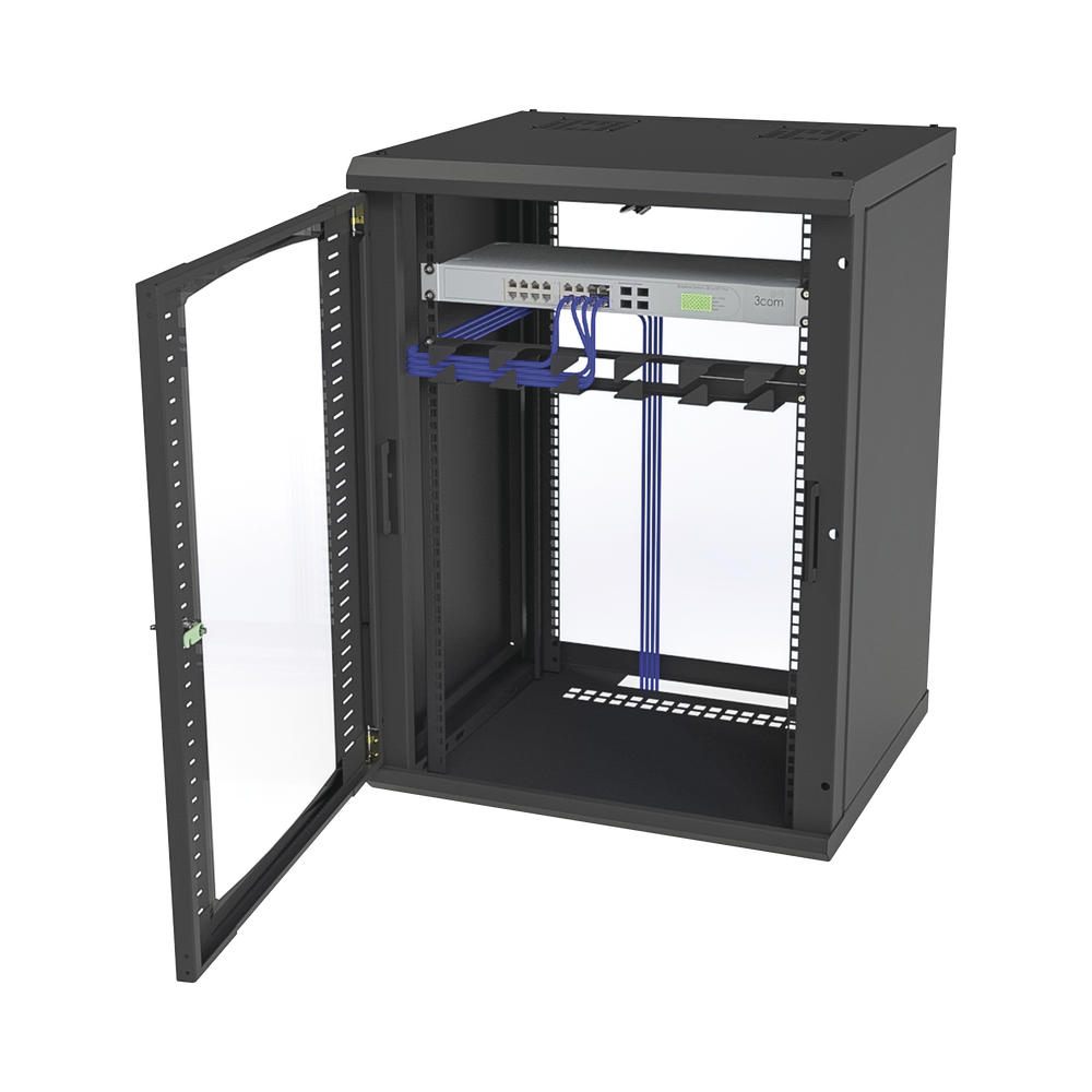 Gabinete para Montaje en Pared, Puerta de Cristal Templado, Cuerpo Fijo con Rack 19" de 16 Unidades