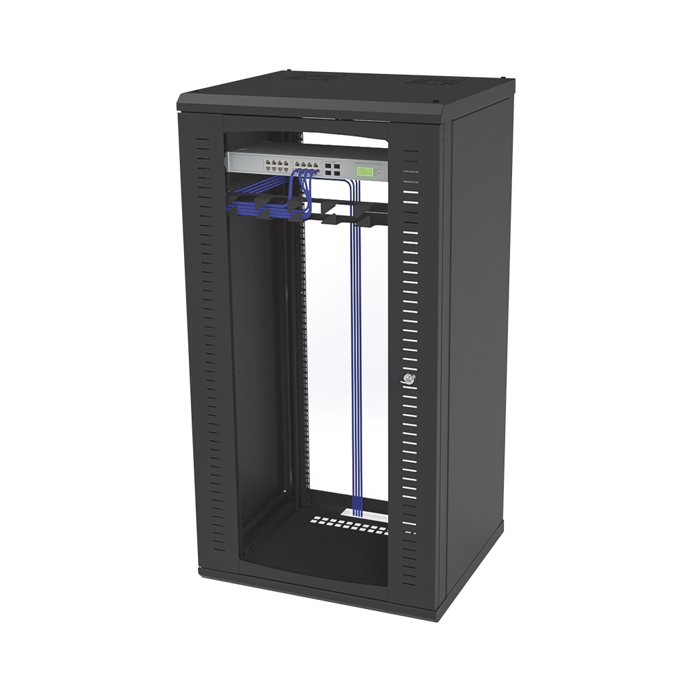 Gabinete para Montaje en Pared, Puerta de Cristal Templado, Cuerpo Fijo con Rack 19" de 24 Unidades