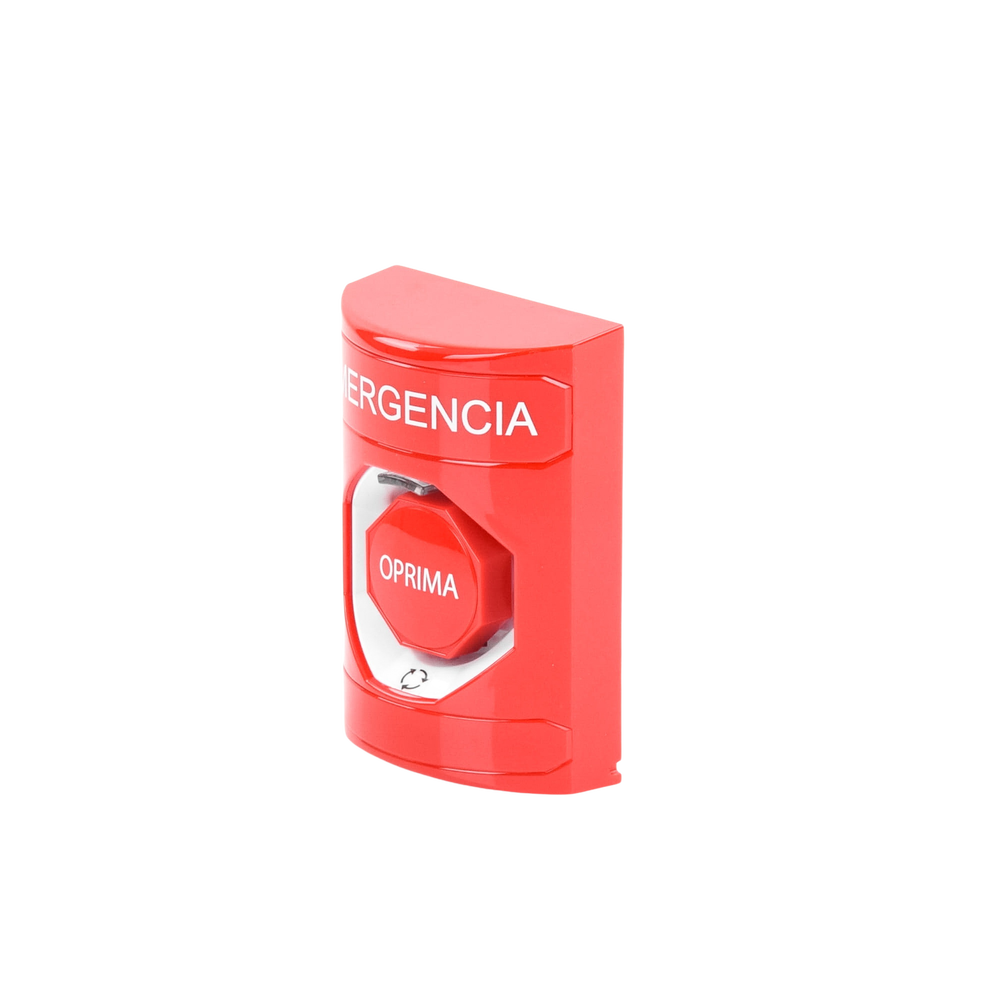 Botón de Emergencia en Español,  Color Rojo, Acción Mantenida, Girar para Restablecer y LED Multicolor