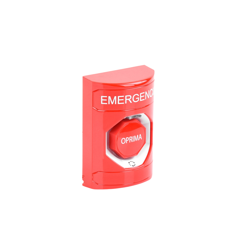 Botón de Emergencia en Español,  Color Rojo, Acción Mantenida, Girar para Restablecer y LED Multicolor